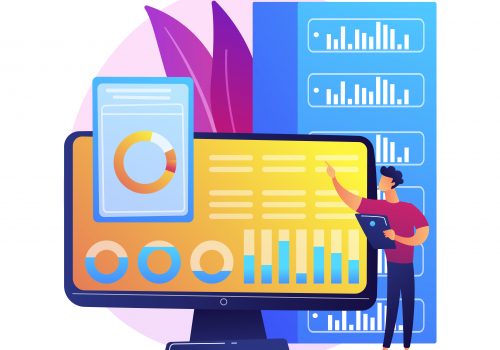 Dashboard analytics. Computer performance evaluation. Chart on screen, statistics analysis, infographic assessment. Business report on display. Vector isolated concept metaphor illustration.